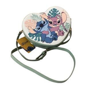 Bioworld Heart-Shaped Crossbody Bag with Stitch and Angel - Green and Pink
